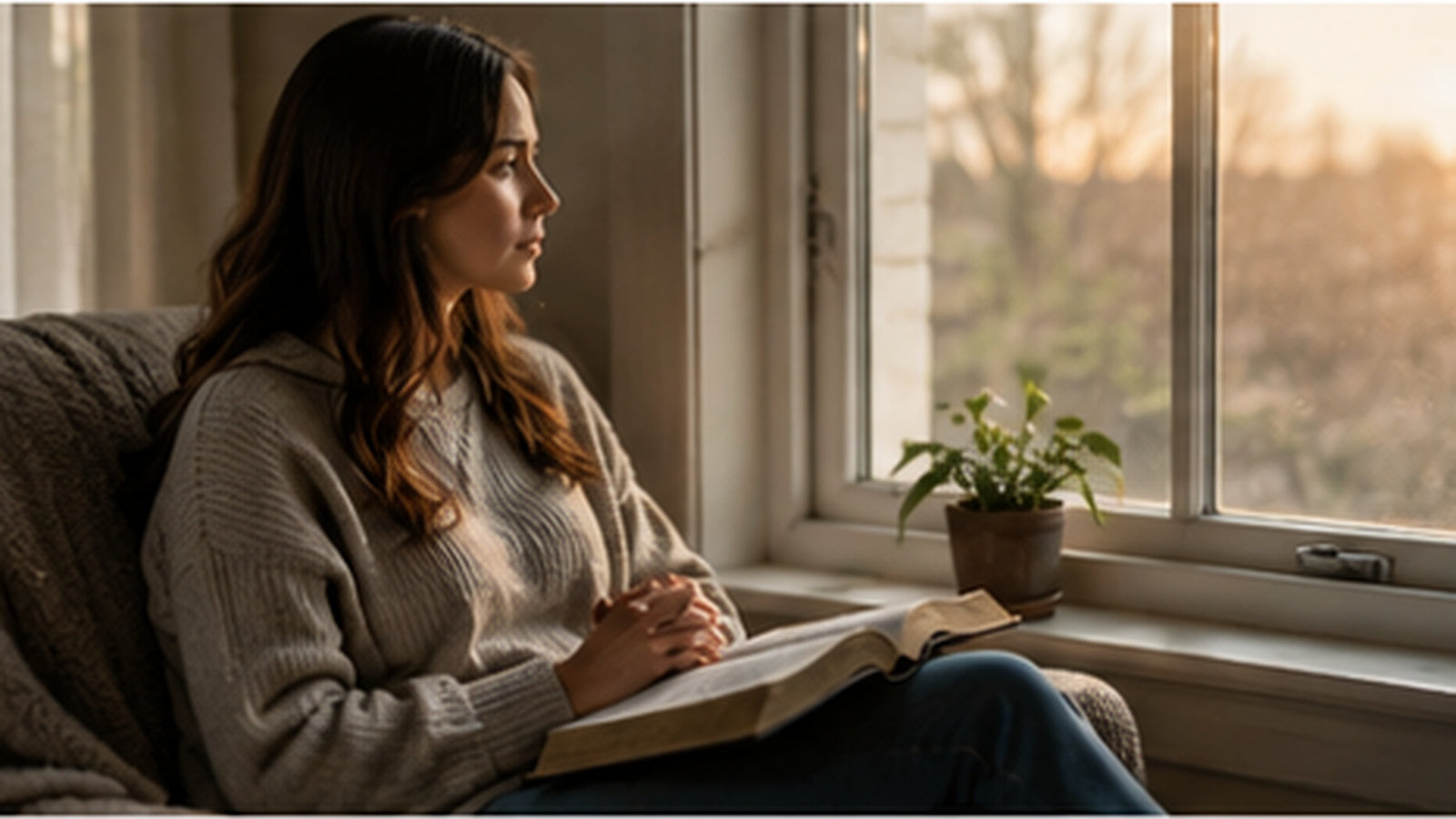 A woman sitting by a window in early morning light with an open Bible in her lap