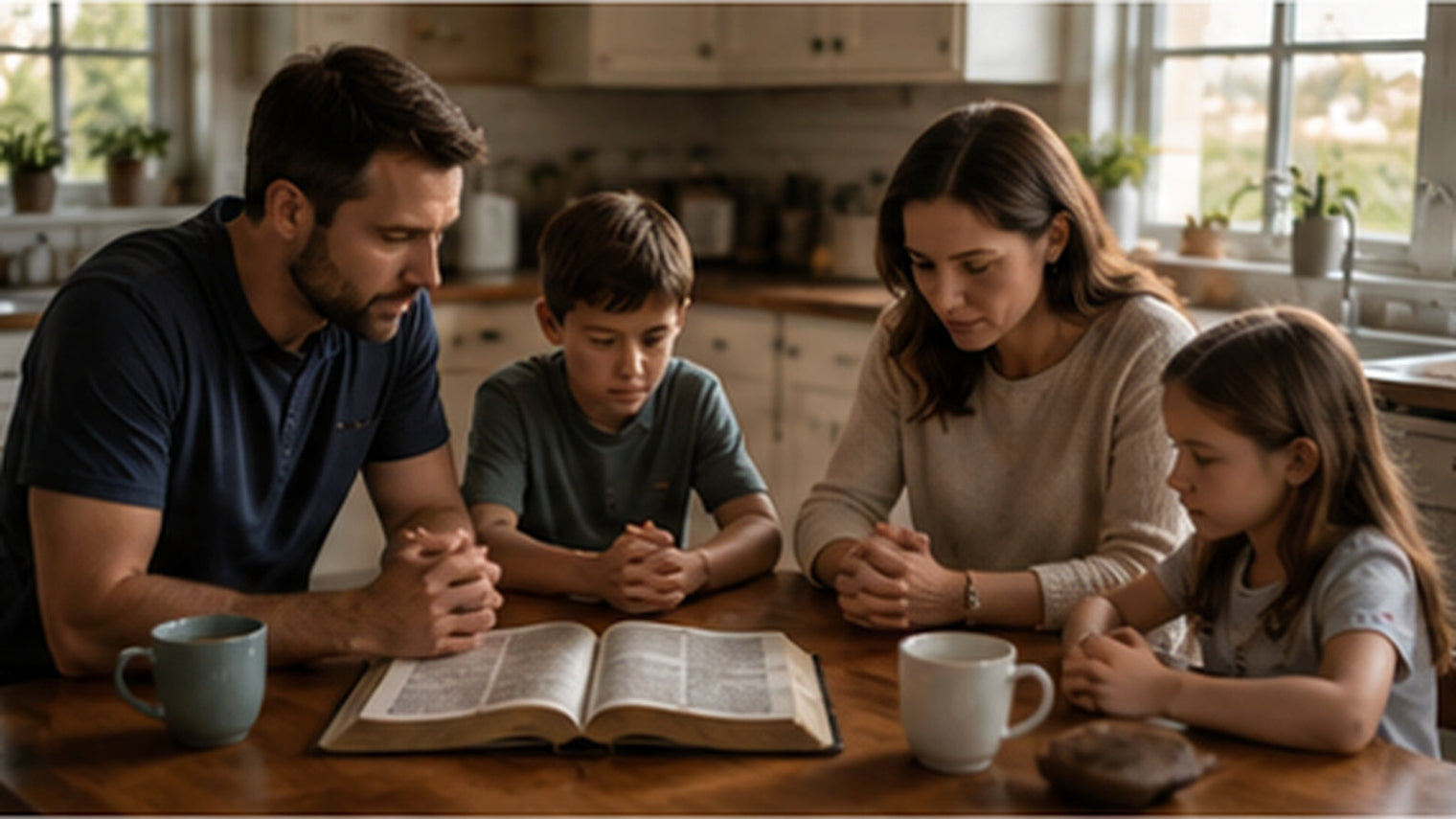 A family gathered around a kitchen table with an open Bible