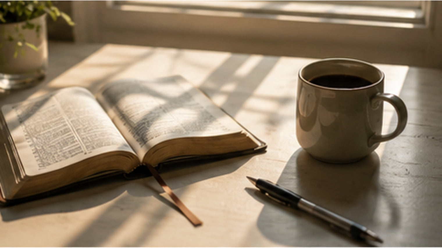 An open Bible on a table beside a cup of coffee in morning light