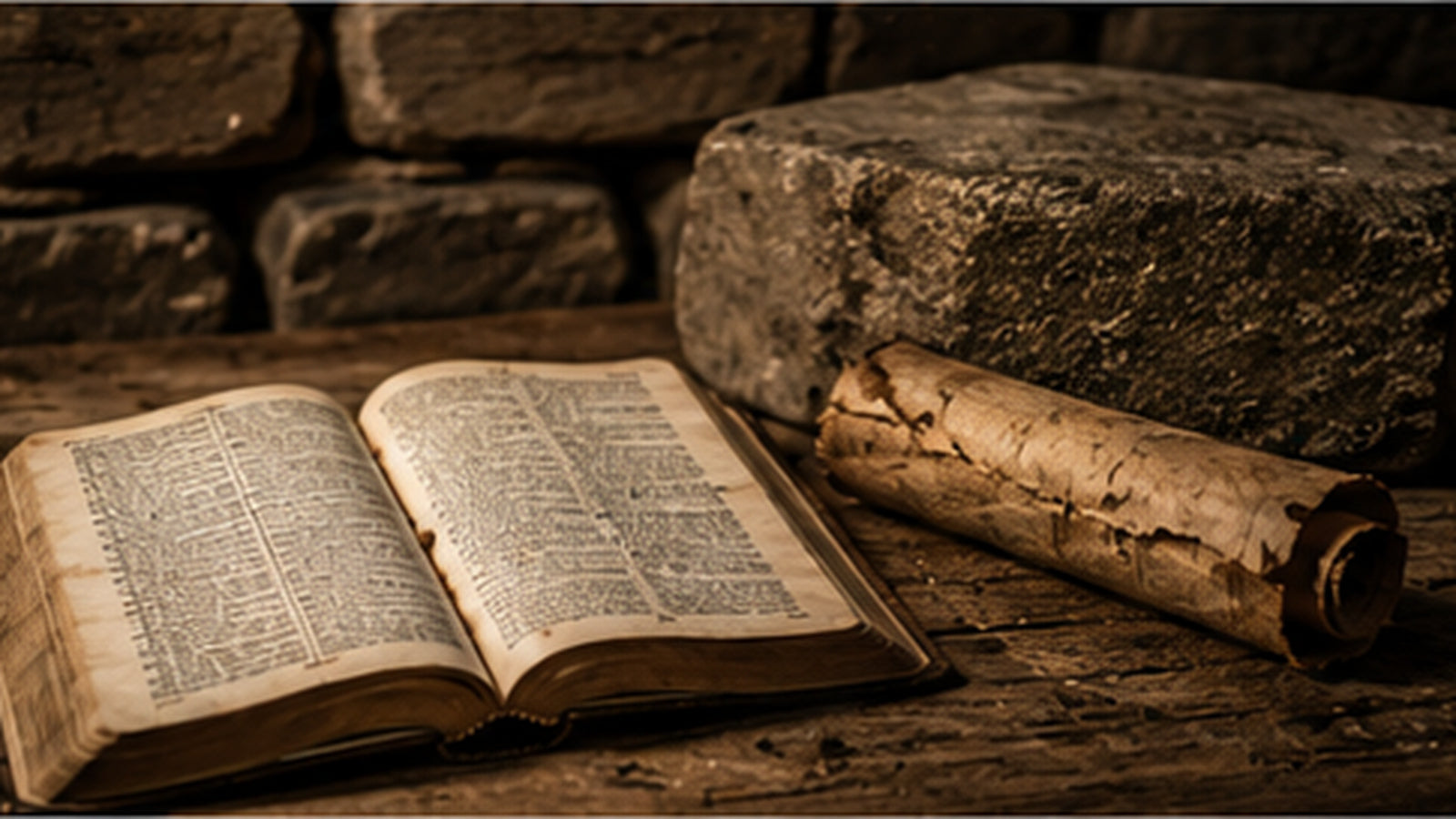 An old Bible open on a wooden table beside worn stone