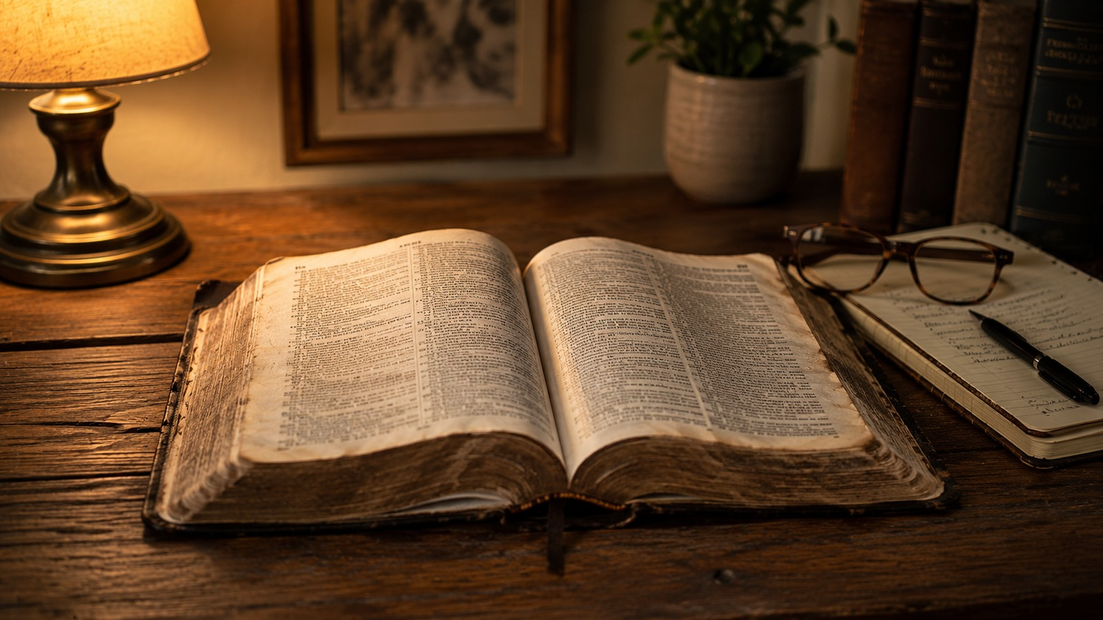 An old Bible open on a wooden desk beside reading glasses in warm lamplight