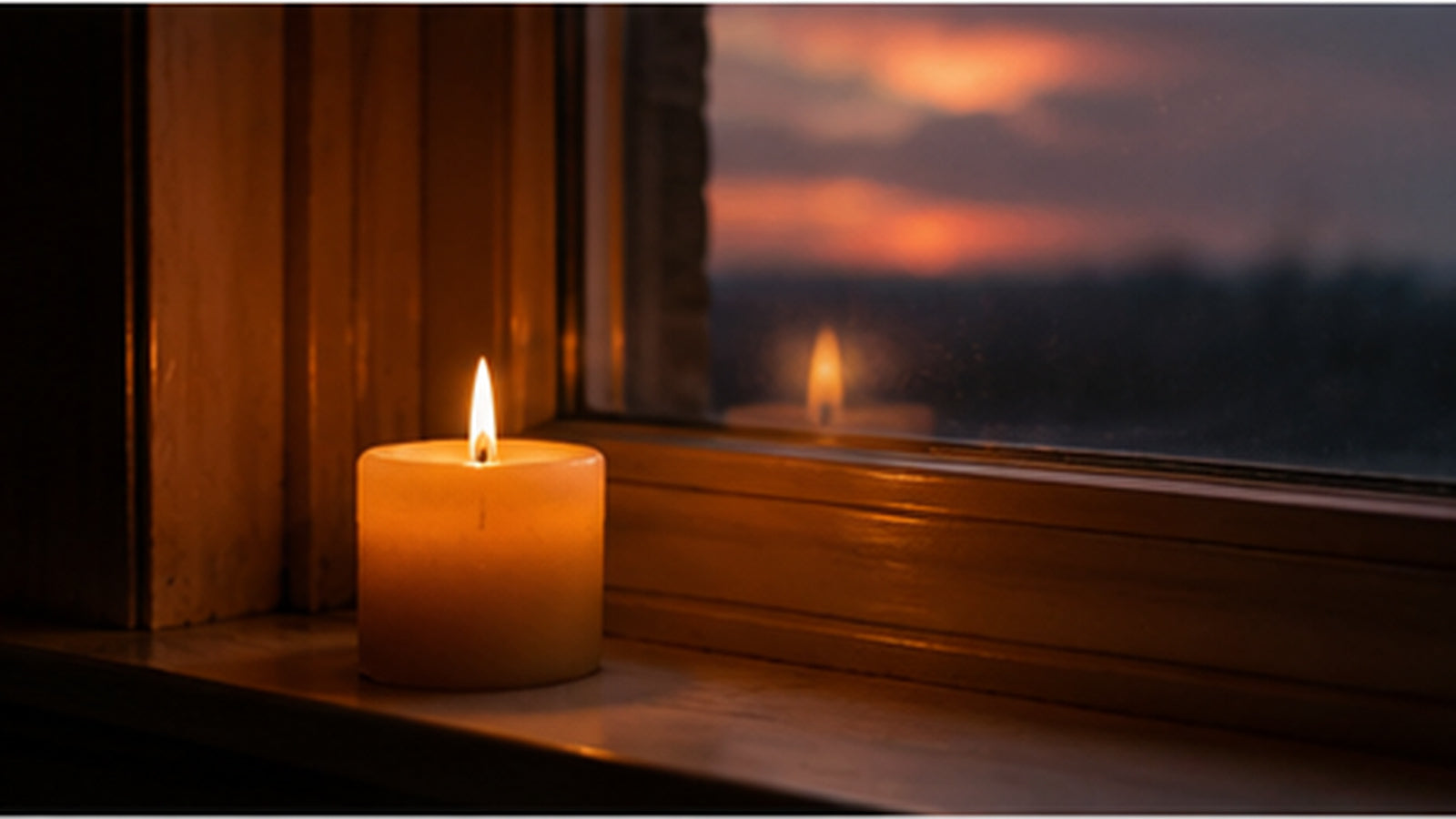 A single lit candle on a windowsill at dusk