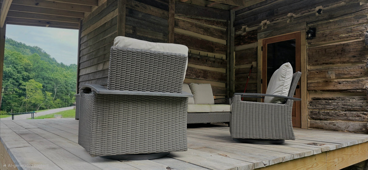 Gray wicker outdoor patio furniture set on a wooden deck of a rustic log cabin, featuring two armchairs and a matching sofa with white cushions, overlooking a green forested hill.